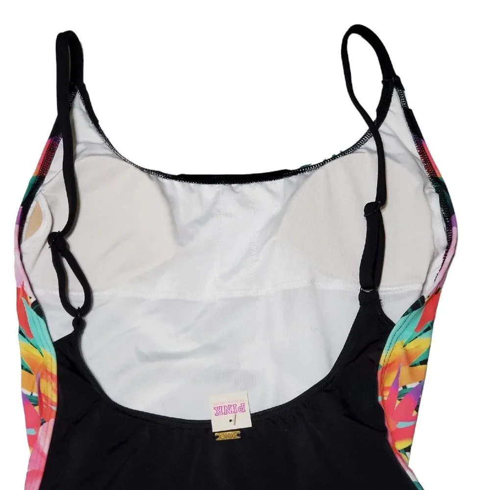 PINK Victoria's Secret Black & White Chevron One-Piece with Tropical Print - Picture 4 of 6
